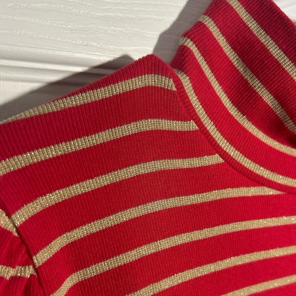 J. Crew Puff-sleeve sparkle stripe turtleneck red gold size XL - Picture 4 of 13
